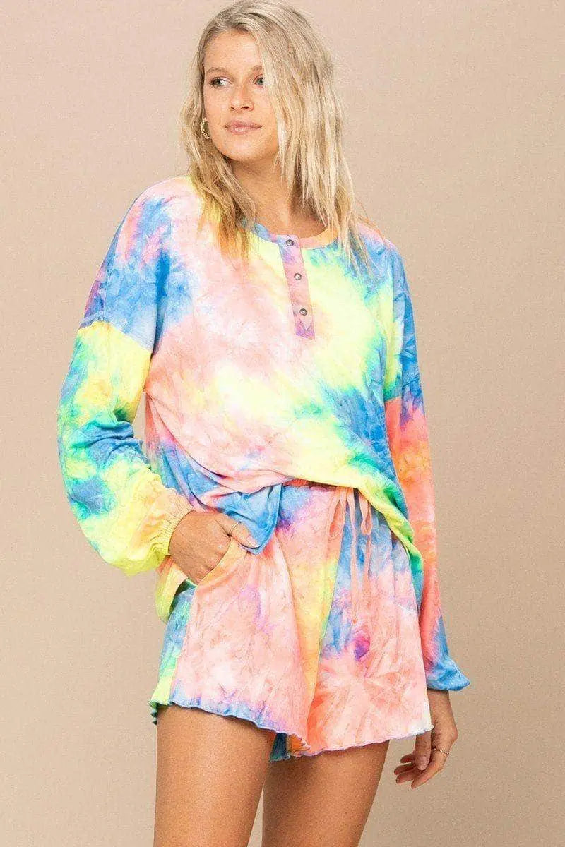 Tie-dye Printed Knit Top And Shorts Set Blue Zone Planet