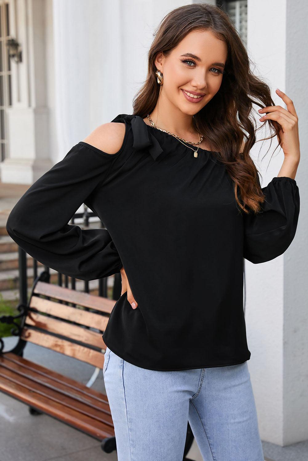 Tied Asymmetrical Neck Cold-Shoulder Blouse BLUE ZONE PLANET