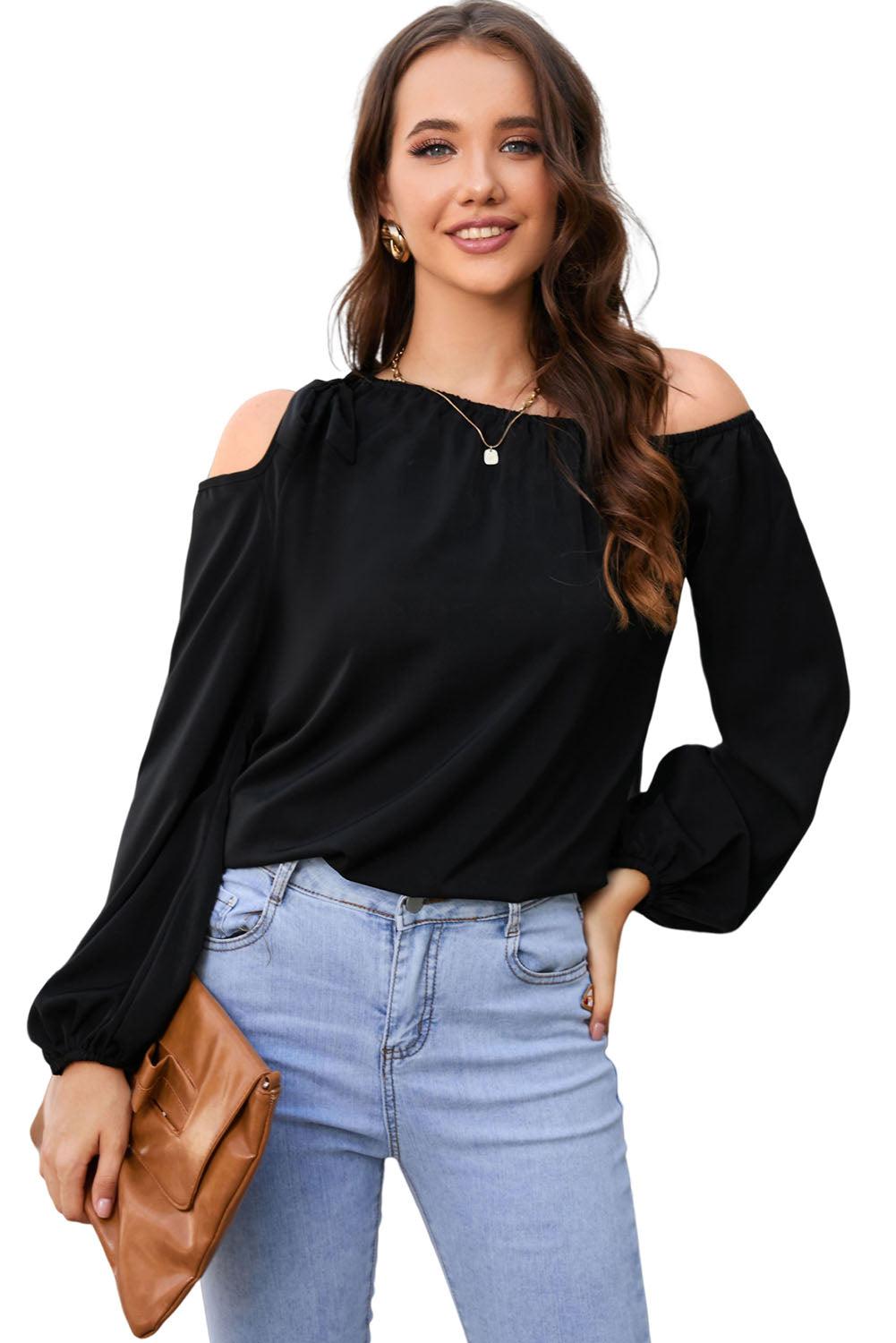 Tied Asymmetrical Neck Cold-Shoulder Blouse BLUE ZONE PLANET