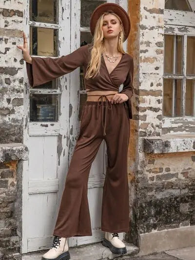 Tied Flare Sleeve Top and Pants Set Trendsi