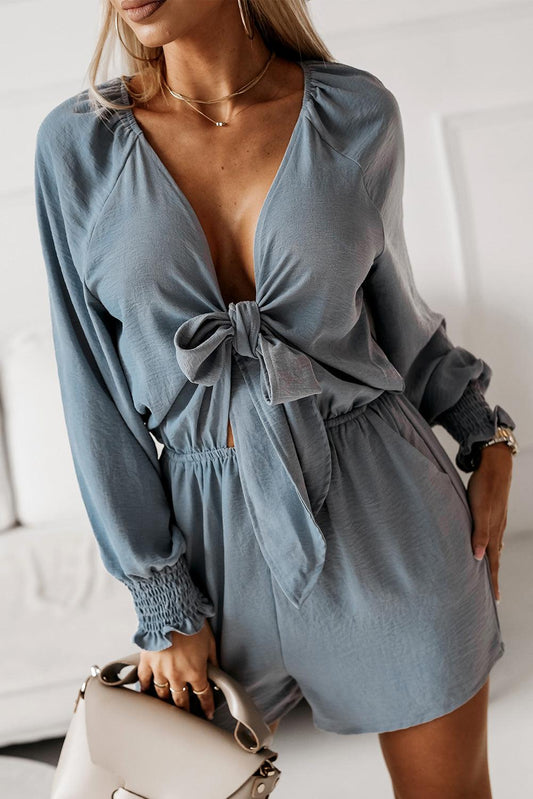 Tied Flounce Sleeve Plunge Romper BLUE ZONE PLANET