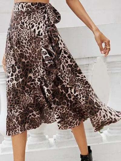 Tied Ruffled Leopard Midi Skirt BLUE ZONE PLANET