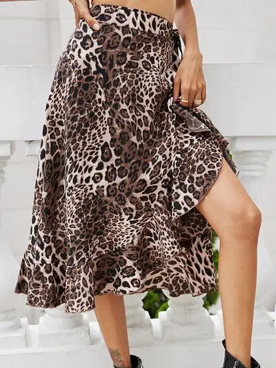 Tied Ruffled Leopard Midi Skirt BLUE ZONE PLANET