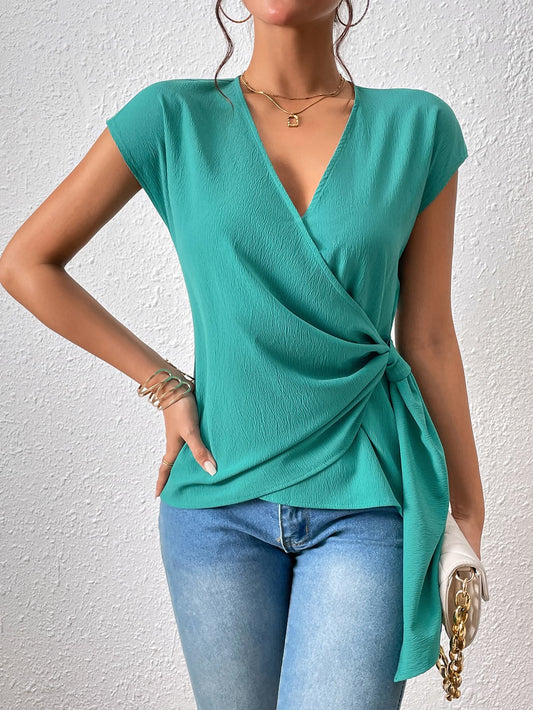 Tied Surplice Neck Short Sleeve Blouse BLUE ZONE PLANET