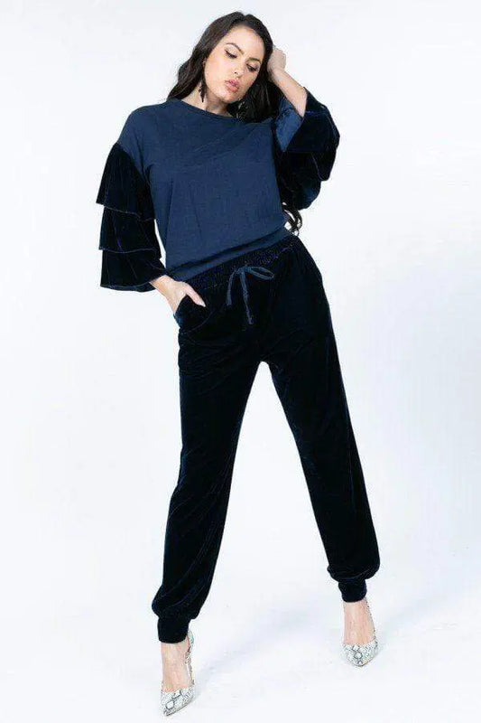 Tiered Velvet Ruffle Sleeve Pullover Crewneck Top Blue Zone Planet