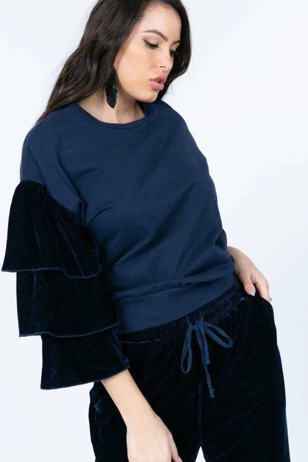 Tiered Velvet Ruffle Sleeve Pullover Crewneck Top Blue Zone Planet