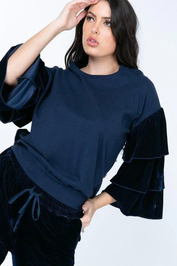 Tiered Velvet Ruffle Sleeve Pullover Crewneck Top Blue Zone Planet