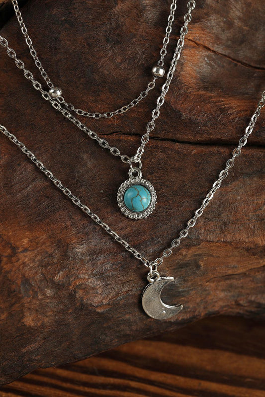 Triple-Layered Moon Pendant Turquoise Alloy Necklace-Charms & Pendants-[Adult]-[Female]-Silver-One Size-2022 Online Blue Zone Planet