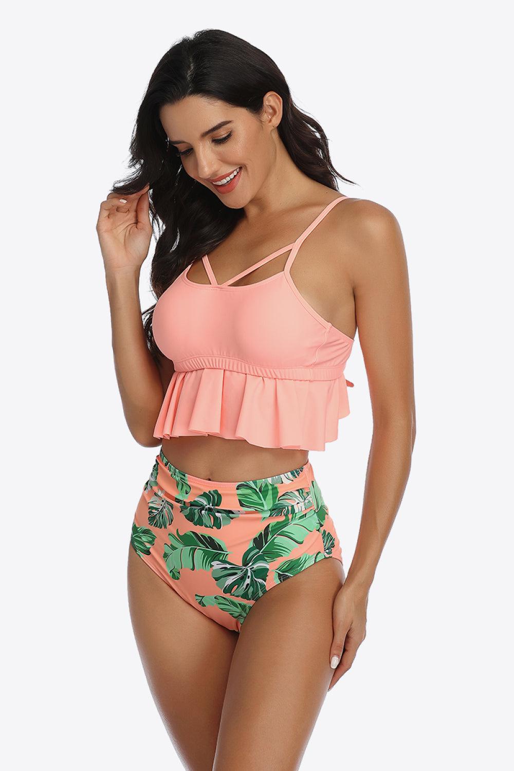 Tropical Print Ruffled Two-Piece Swimsuit BLUE ZONE PLANET