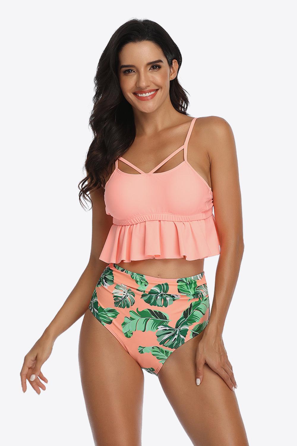 Tropical Print Ruffled Two-Piece Swimsuit-TOPS / DRESSES-[Adult]-[Female]-Coral-S-2022 Online Blue Zone Planet