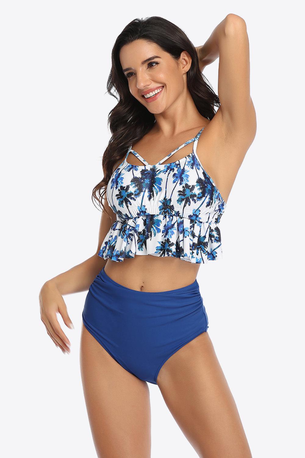 Tropical Print Ruffled Two-Piece Swimsuit BLUE ZONE PLANET