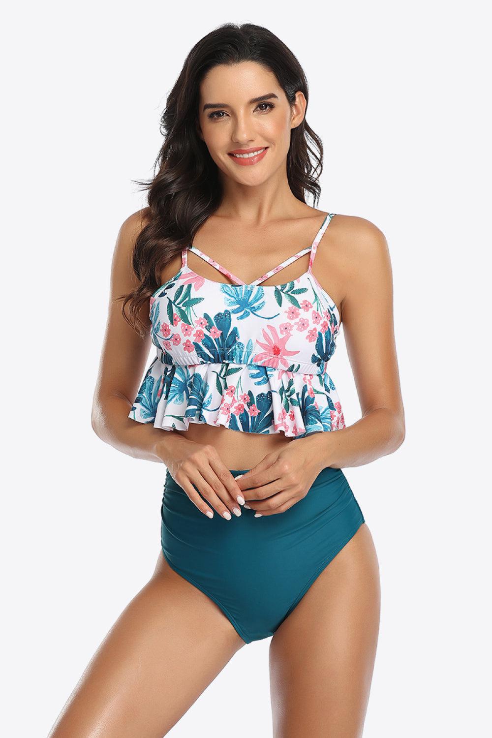 Tropical Print Ruffled Two-Piece Swimsuit-TOPS / DRESSES-[Adult]-[Female]-Teal-S-2022 Online Blue Zone Planet