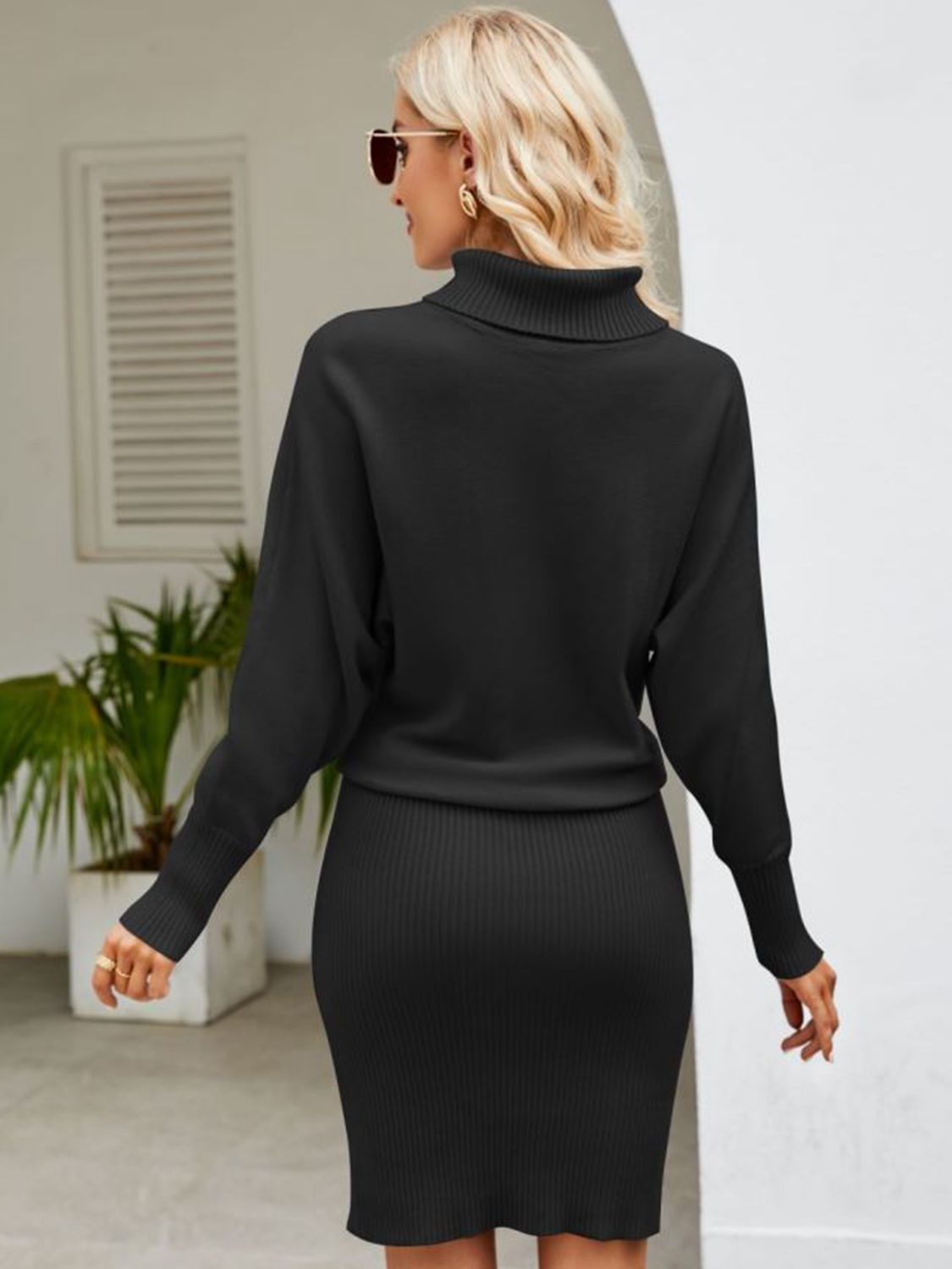 Turtle Neck Long Sleeve Ribbed Sweater Dress BLUE ZONE PLANET
