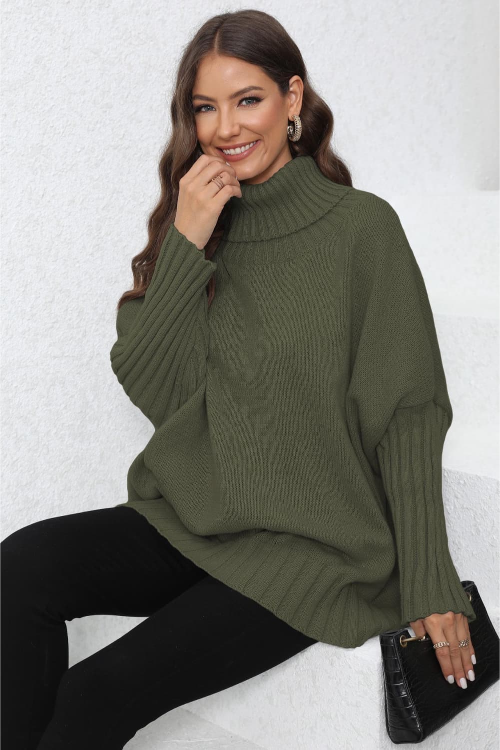 Turtle Neck Long Sleeve Ribbed Sweater BLUE ZONE PLANET