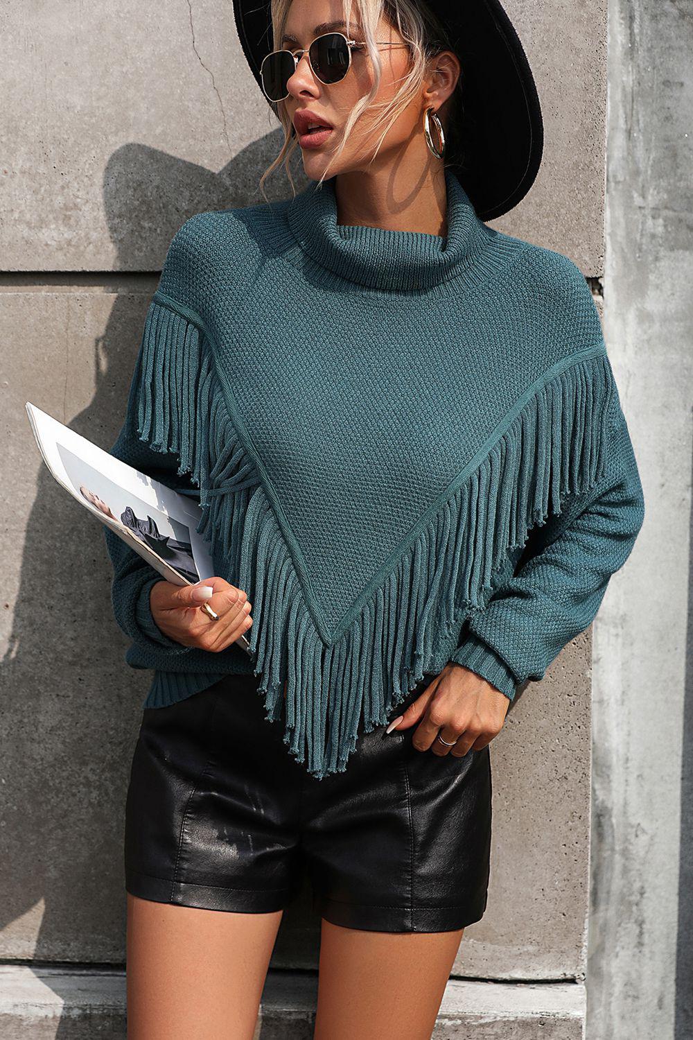 Turtle Neck Tassel Front Long Sleeve Pullover Sweater BLUE ZONE PLANET