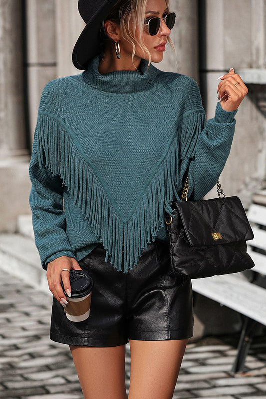 Turtle Neck Tassel Front Long Sleeve Pullover Sweater BLUE ZONE PLANET