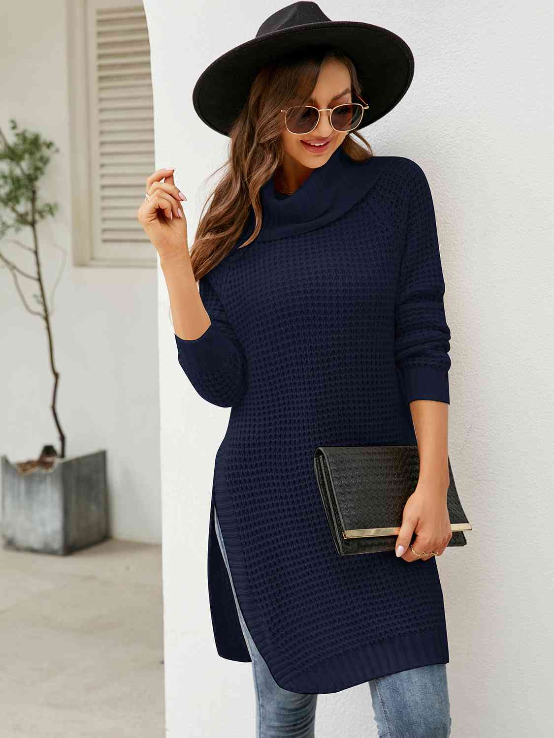 Turtleneck Waffle-Knit Slit Sweater Dress BLUE ZONE PLANET