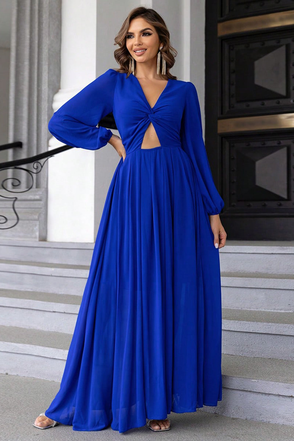 Twist Front Cutout Long Sleeve Dress BLUE ZONE PLANET