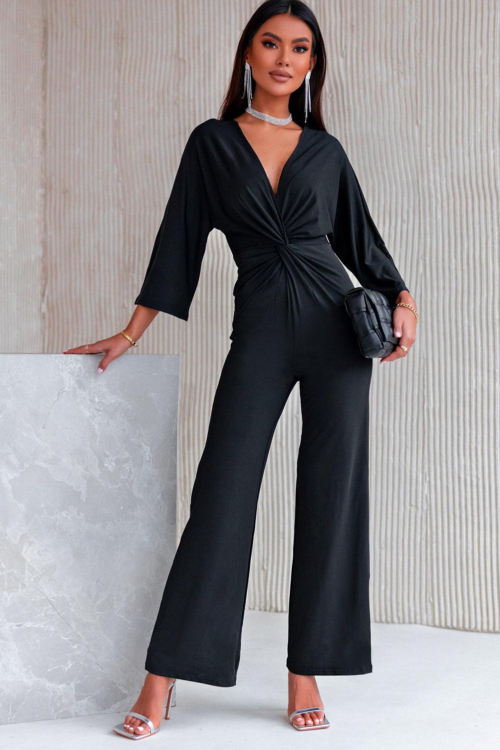 Twisted Plunge Three-Quarter Sleeve Jumpsuit BLUE ZONE PLANET