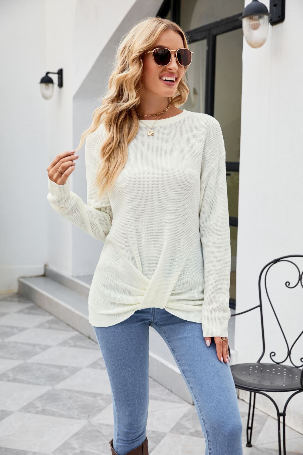 Twisted Round Neck Sweater-TOPS / DRESSES-[Adult]-[Female]-White-S-2022 Online Blue Zone Planet
