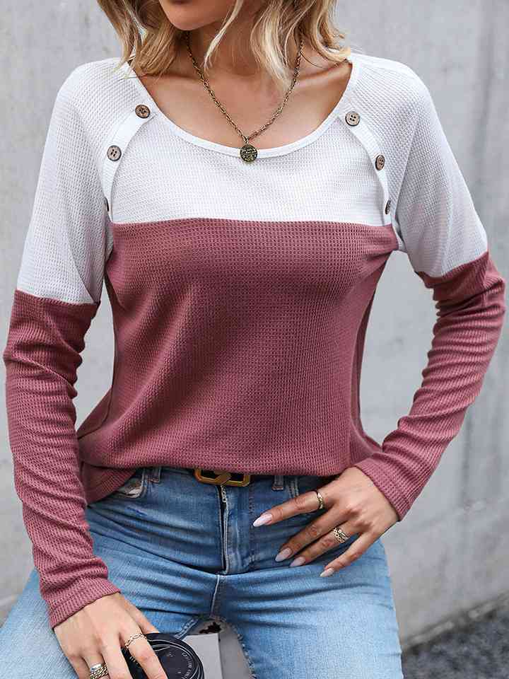 Two-Tone Buttoned Waffle-Knit Top BLUE ZONE PLANET