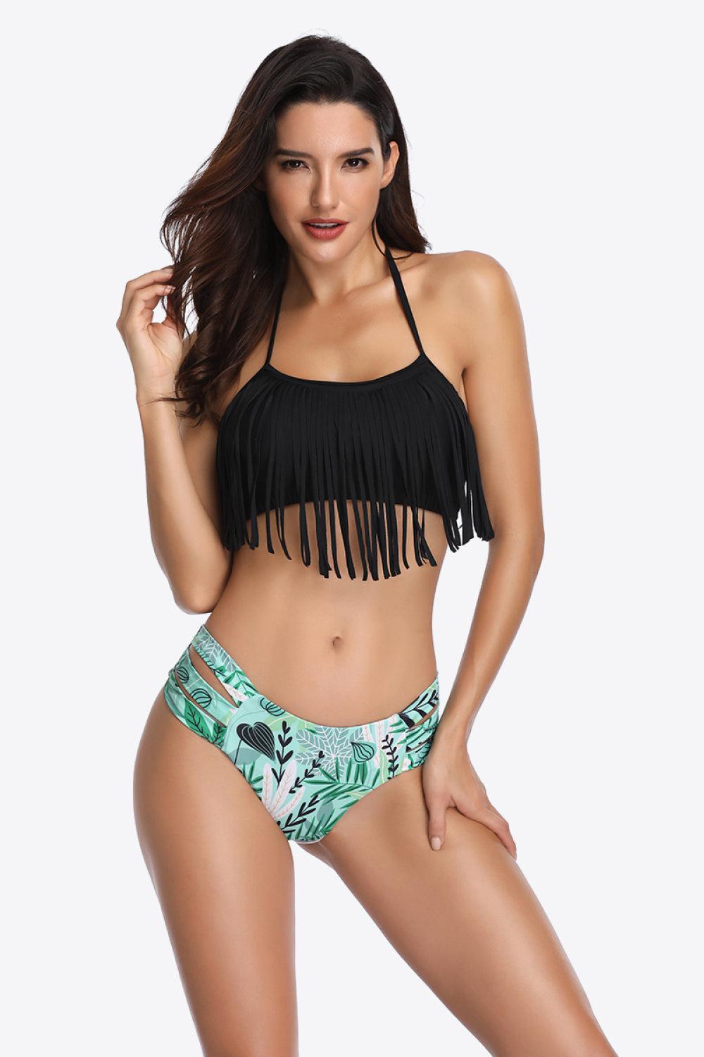 Two-Tone Fringe Trim Tied Bikini Set BLUE ZONE PLANET