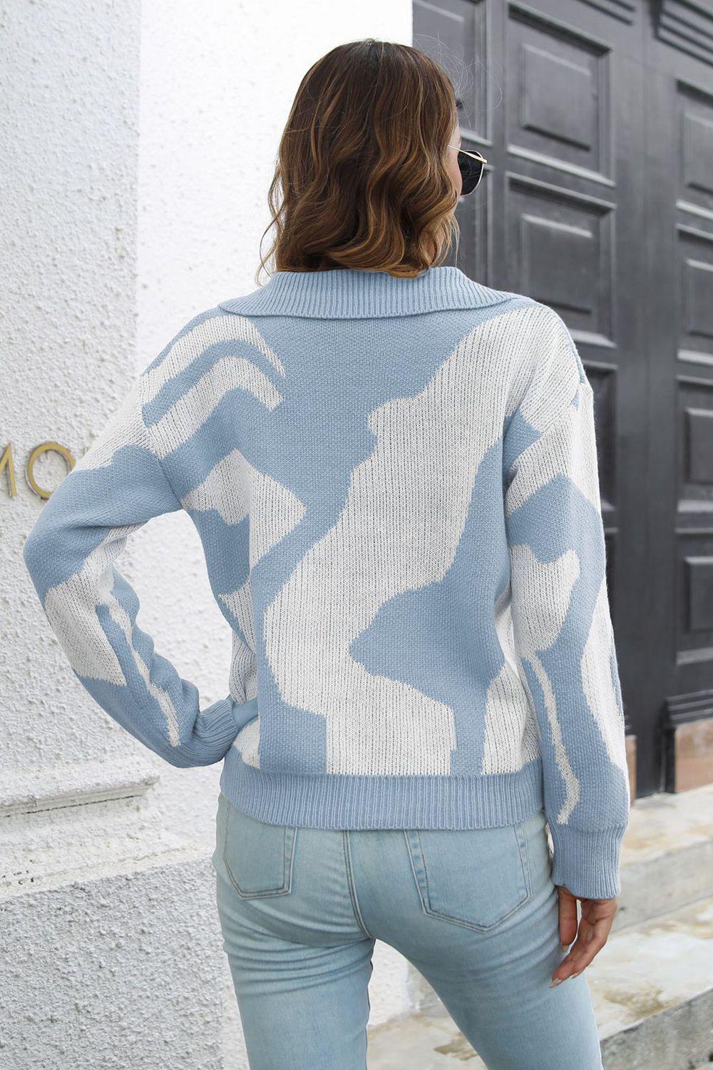 Two-Tone Johnny Collar Dropped Shoulder Pullover Sweater BLUE ZONE PLANET