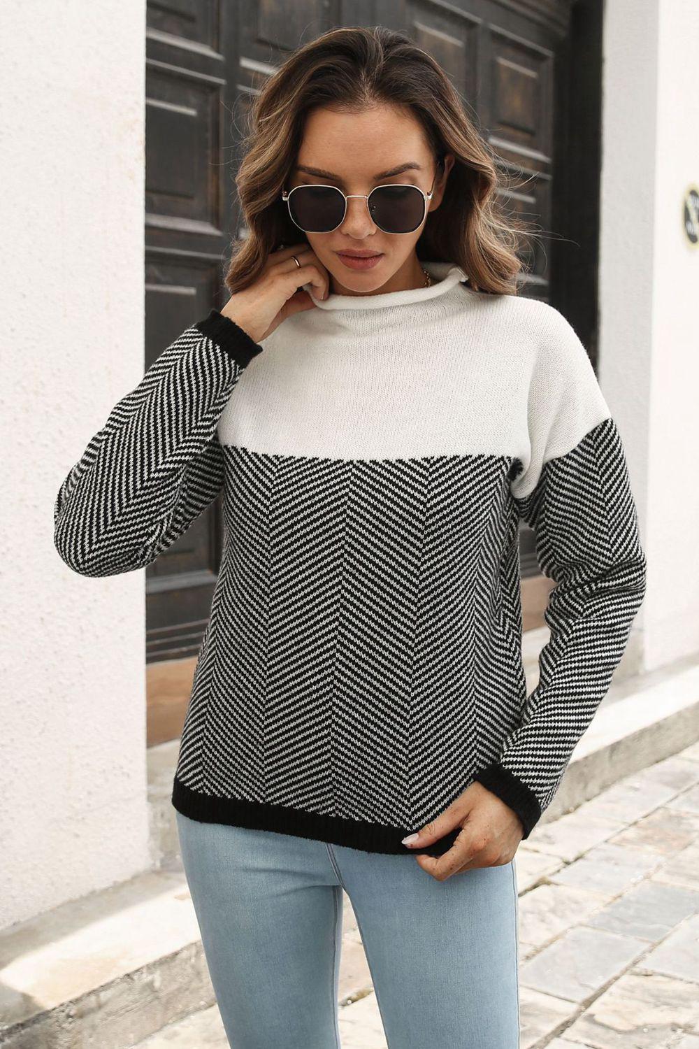 Two-Tone Mock Neck Dropped Shoulder Pullover Sweater BLUE ZONE PLANET