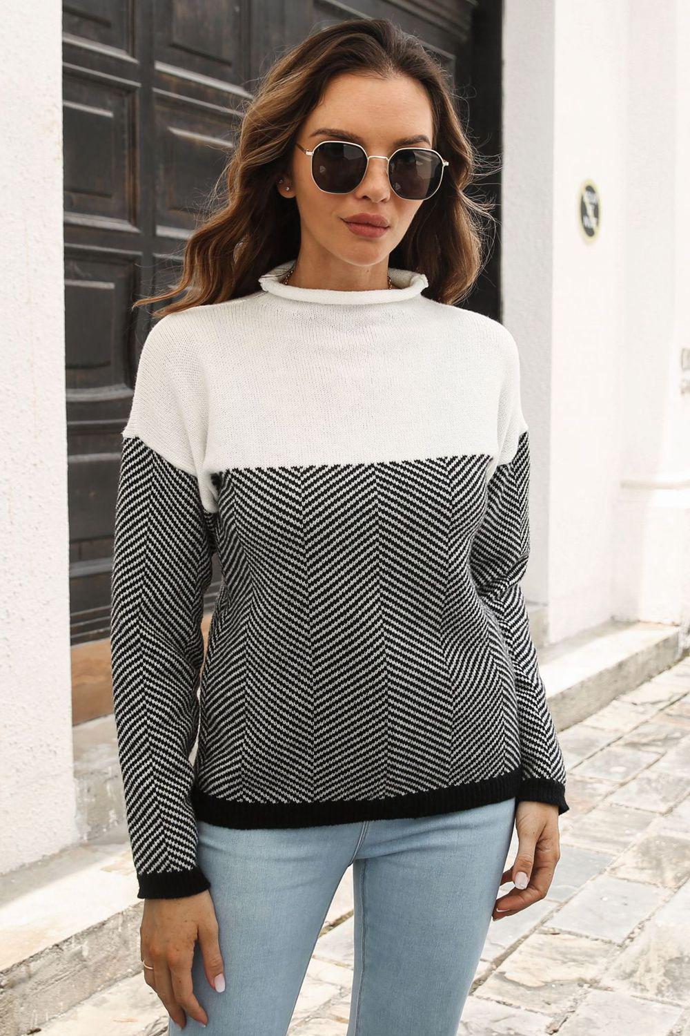 Two-Tone Mock Neck Dropped Shoulder Pullover Sweater BLUE ZONE PLANET