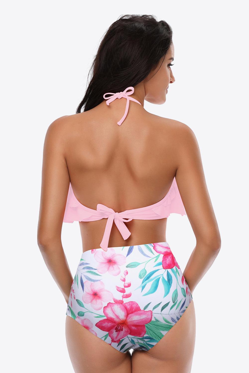 Two-Tone Ruffled Halter Neck Two-Piece Swimsuit BLUE ZONE PLANET