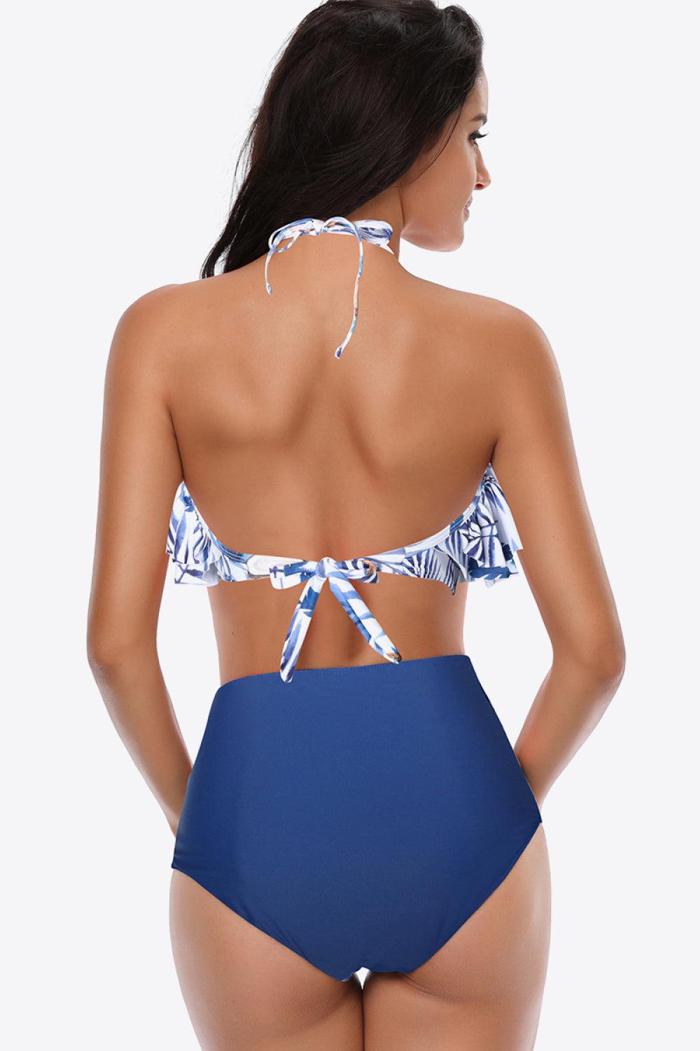 Two-Tone Ruffled Halter Neck Two-Piece Swimsuit BLUE ZONE PLANET