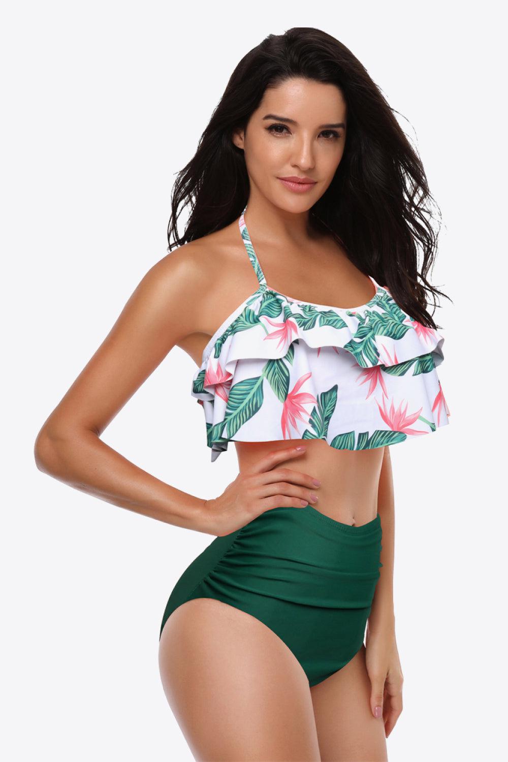 Two-Tone Ruffled Halter Neck Two-Piece Swimsuit BLUE ZONE PLANET