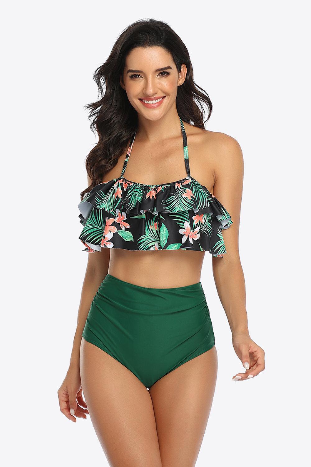 Two-Tone Ruffled Halter Neck Two-Piece Swimsuit BLUE ZONE PLANET