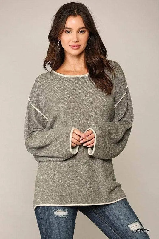 Two-tone Sold Round Neck Sweater Top With Piping Detail Blue Zone Planet