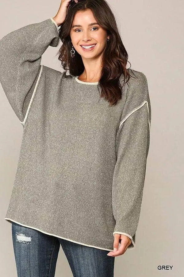 Two-tone Sold Round Neck Sweater Top With Piping Detail Blue Zone Planet