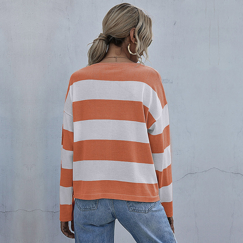 women's loose round neck long sleeve knitted striped sweater-[Adult]-[Female]-Orange-S-2022 Online Blue Zone Planet