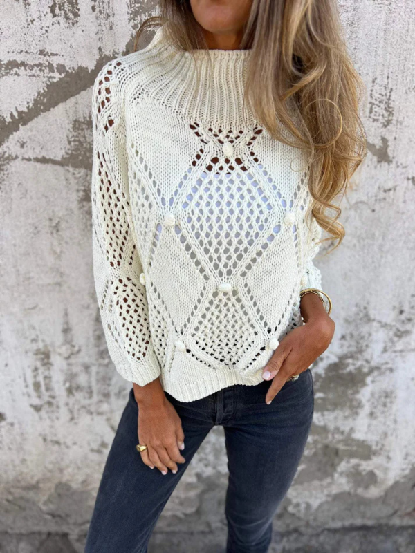 New Casual Loose Skeleton Sweater Round Neck Knit Top-[Adult]-[Female]-White-S-2022 Online Blue Zone Planet