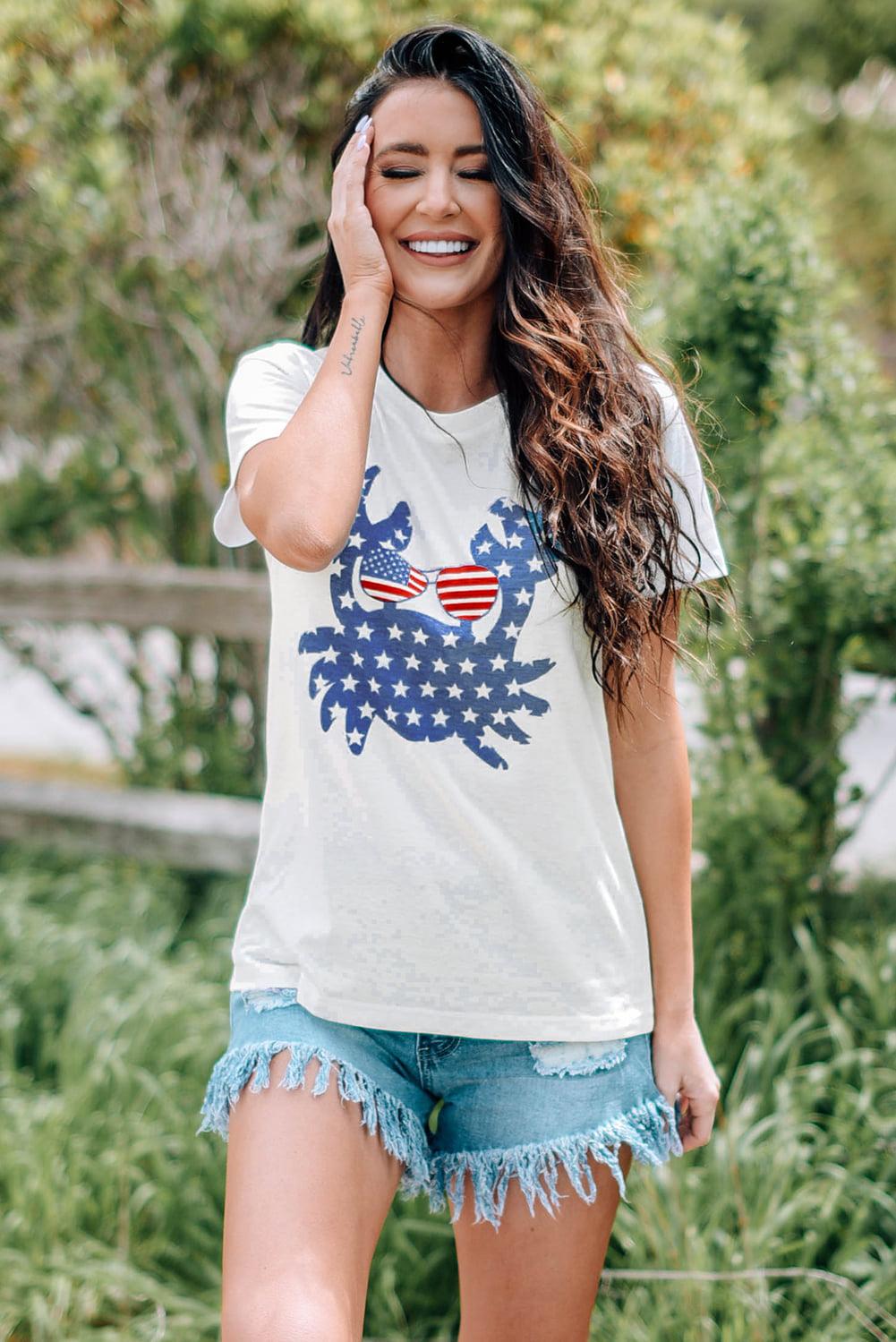 US Flag Crab Graphic Round Neck Tee-TOPS / DRESSES-[Adult]-[Female]-2022 Online Blue Zone Planet