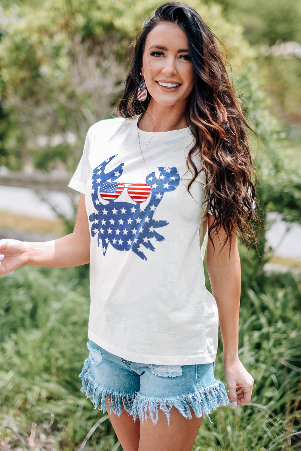 US Flag Crab Graphic Round Neck Tee-TOPS / DRESSES-[Adult]-[Female]-2022 Online Blue Zone Planet