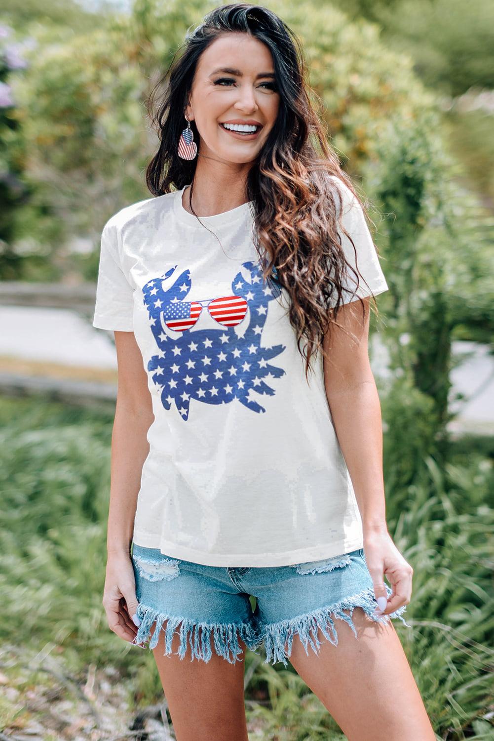 US Flag Crab Graphic Round Neck Tee-TOPS / DRESSES-[Adult]-[Female]-White-S-2022 Online Blue Zone Planet