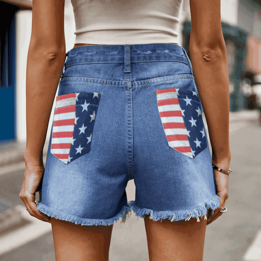 US Flag Distressed Denim Shorts BLUE ZONE PLANET
