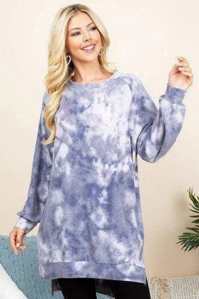 Ultra Cozy Tie-Dye French Terry Brush Oversize Casual Pullover Blue Zone Planet