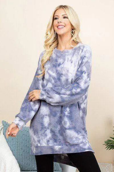 Ultra Cozy Tie-Dye French Terry Brush Oversize Casual Pullover Blue Zone Planet