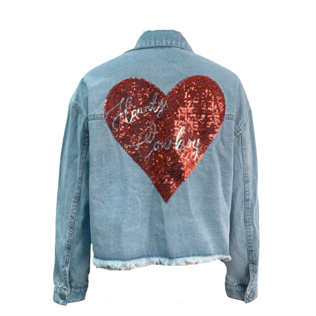 Valentine's sequin heart distressed hem denim jacket kakaclo