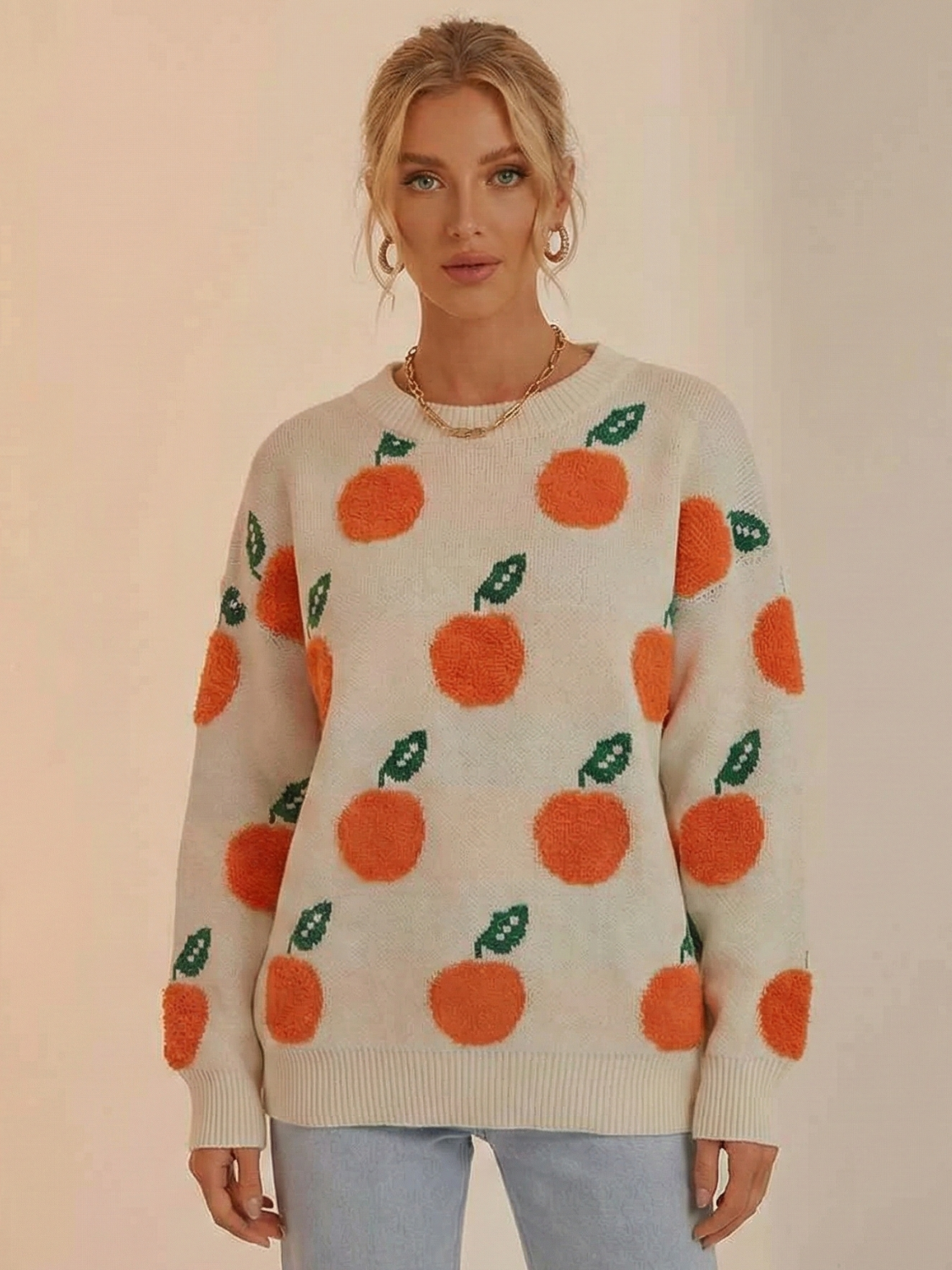 Printed Round Neck Drop Shoulder Sweater-TOPS / DRESSES-[Adult]-[Female]-2022 Online Blue Zone Planet