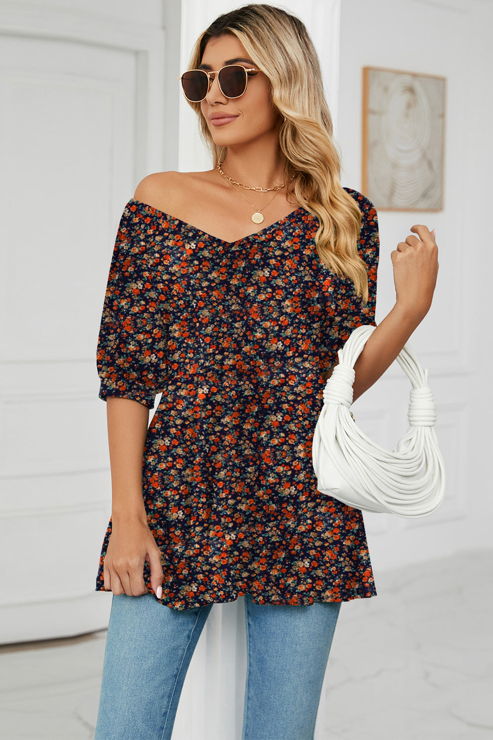 V-Neck Babydoll Blouse BLUE ZONE PLANET