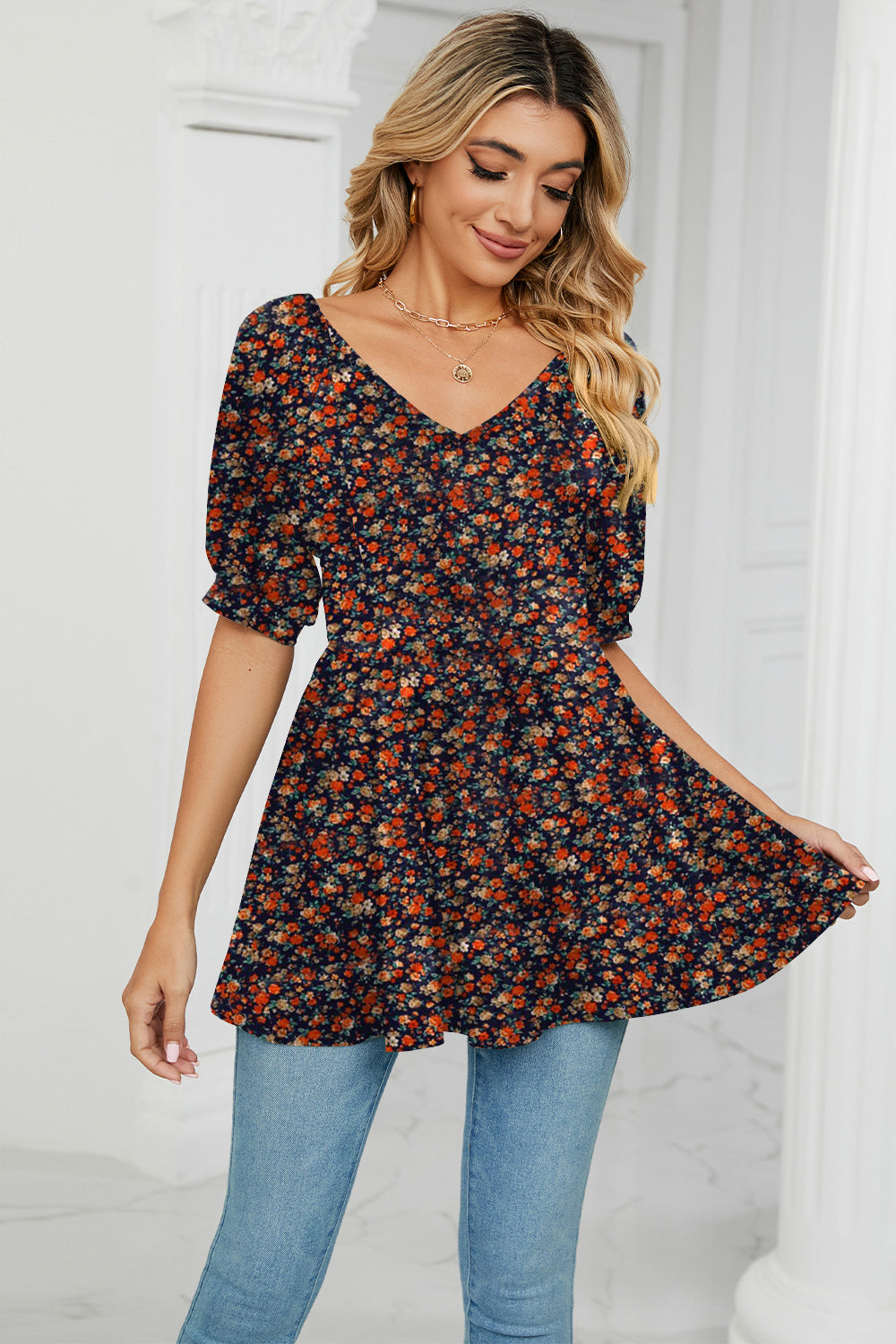 V-Neck Babydoll Blouse BLUE ZONE PLANET