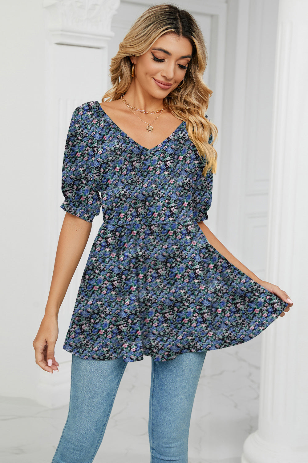 V-Neck Babydoll Blouse BLUE ZONE PLANET