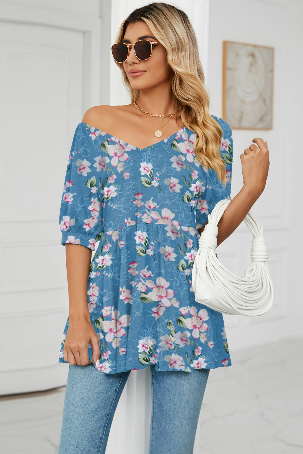 V-Neck Babydoll Blouse BLUE ZONE PLANET