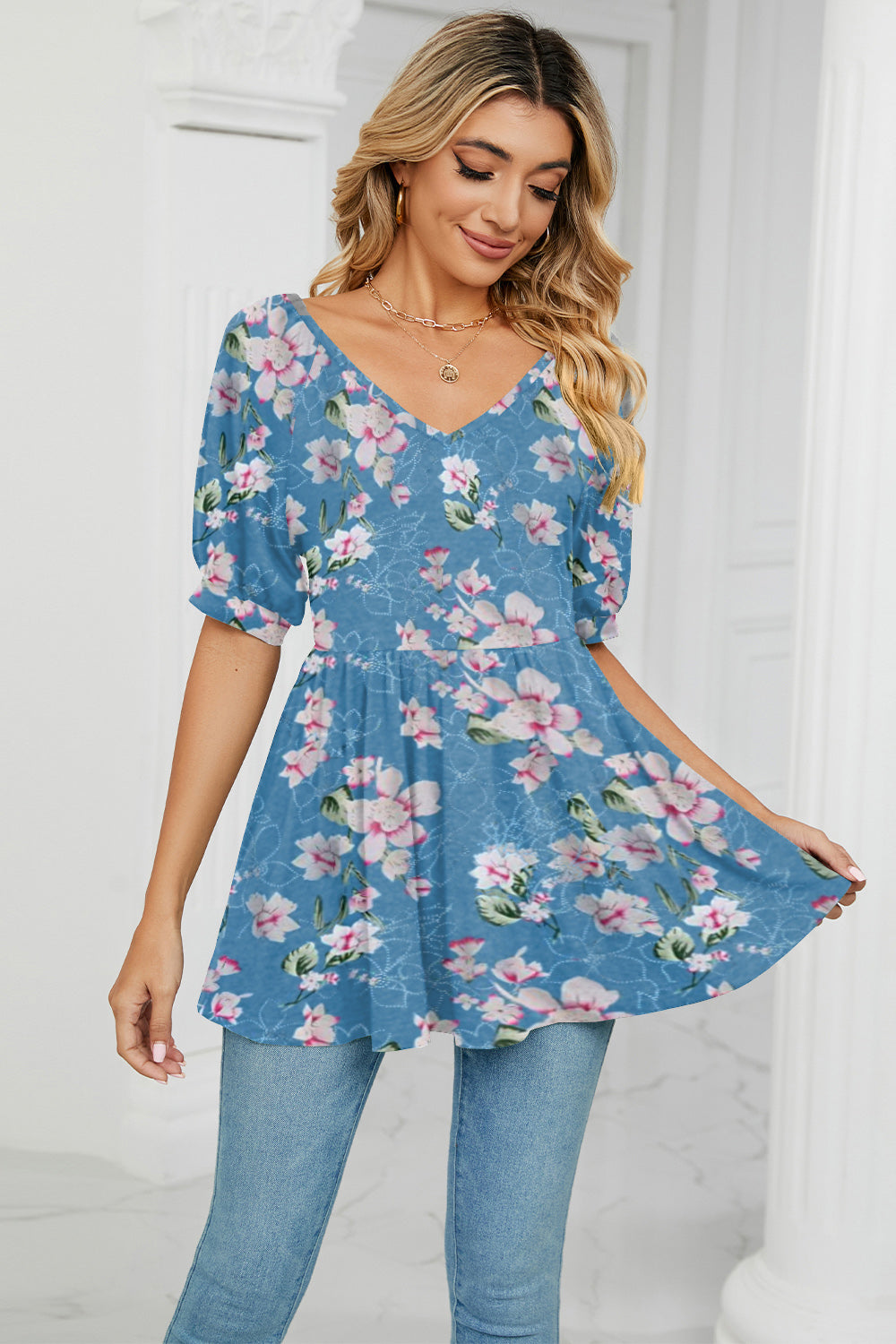 V-Neck Babydoll Blouse BLUE ZONE PLANET